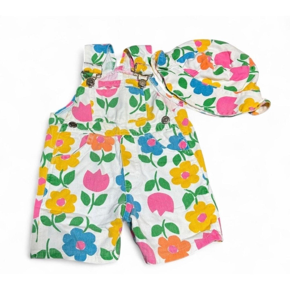 Young Hearts Toddler Girls Floral Shortalls & Bucket Hat Set Size 2T Vintage